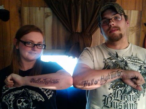 Mine and my husbands matching tattoo. Hell or high water Come Hell Or High Water Tattoo, Where The Hell Have You Been Loca, Hell Or High Water Tattoo, See You In Hell Tattoo, Whiskey Bent And Hell Bound Tattoo, Heaven And Hell Tattoo, Hell Or High Water, Water Tattoo, Matching Tattoo