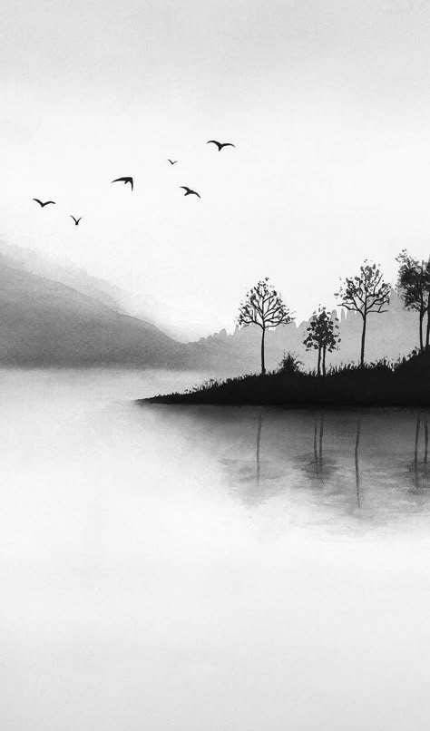 Watercolor Black And White, Landscape Pencil Drawings, Nature Art Drawings, Landscape Modern, Drawing Eyes, Misty Mountains, Black And White Art Drawing, Landscape Sketch, Cool Pencil Drawings