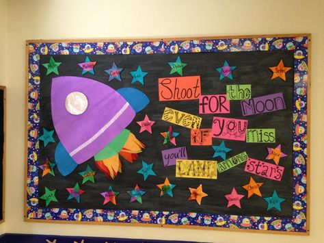 Outer Space Rocket Ship Bulletin Board                                                                                                                                                     More Space Bulletin Boards, Space Theme Classroom, Classroom Decor Middle, Classroom Decor High School, Diy Classroom Decorations, Elementary Classroom Decor, Back To School Bulletin Boards, Bulletin Board Ideas, Classroom Decor Themes