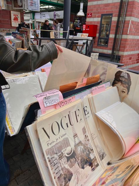 Vogue, fashion, newsstand, prints, flea market, London, Audrey Hepburn, photos, paris, magazine, iconic photos Paris Fashion Student Aesthetic, London Flea Markets, Paris Flea Market Aesthetic, Flea Market Paris, Paris Summer Aesthetic, Ganni Girl, Flea Market Aesthetic, Euro Winter, Paris Living