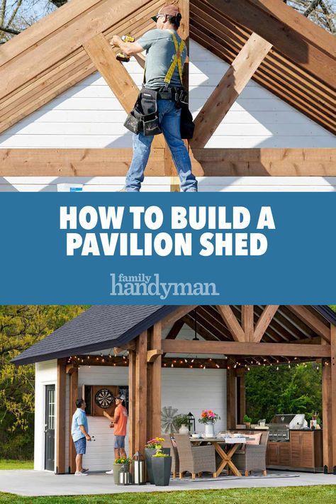 Pavilion Shed Plans Backyard Enhancements, Pavilion Shed, Rv Shelter, Woodworking Plans Storage, Outdoor Pavillion, Bbq Shed, Yard Crafts, Diy Exterior, Pavilion Plans