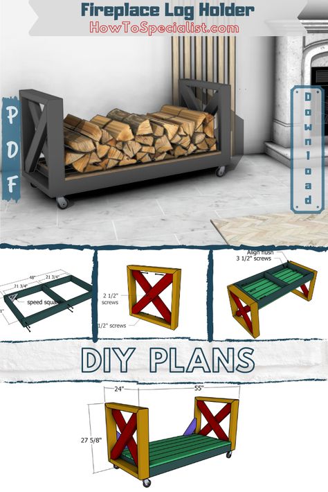 DIY Fireplace Log Holder Plans Fireplace Log Holder, Concrete Deck, Firewood Shed, Modern Farmhouse Diy, Fireplace Logs, Rustic Modern Farmhouse, Woodwork Ideas, Log Holder, Mud Kitchen