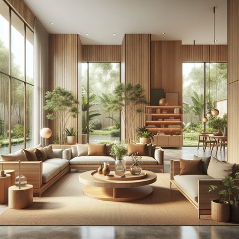 The room should feature wooden furniture styled in a contemporary manner, with a spacious layout and an open plan design. Natural light should dominate the room, flooding in from tall windows that showcase the view into a beautiful garden. Earthy tones, plants, and sustainable materials should be a notable part of the décor. This design aims to create a warm, welcoming environment that seamlessly blends the indoors with the outdoors, serving as an inspirational image for a remodel project. Rattan Interior Design Living Rooms, Wooden Home Interior, Bamboo Living Room, Japan House Design, Dreamy Living Room, Warm Wood Tones, Japan House, Tropical Interior, Bring Nature Indoors