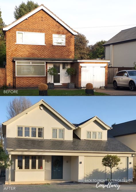 This 1960's home has had a complete facelift with a fresh new look. Extended to create more space, the property has been rendered and re-roofed with natural slates. The windows and garage door tie in the colour scheme and breathe new life into this family home. Rendered Houses, 60s House, 1970s House, Exterior House Renovation, 1960s House, House Extension Plans, 70s House, House Makeovers, Exterior House Remodel