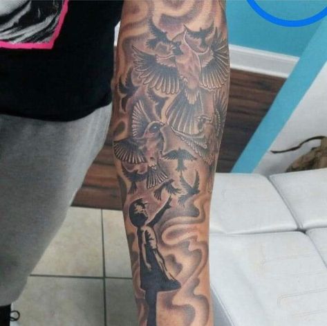 Arm Sleeve Fillers Men, Peace Sleeve Tattoo, Tat Sleeve Men, Shoulder Sleeve Tattoo Men Ideas, Inner Fore Arm Tattoos, Finishing Sleeve Tattoo Ideas, Beautiful Tattoo Sleeve, He Who Hesitates Is Lost Tattoo, Four Arm Tattoos For Guys