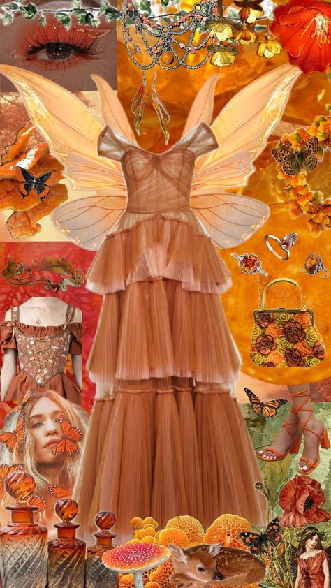 orange fairy queen #orange #outfitinspo #aesthetic #fairycore #cottagecore #fantasy #outfit #dress #wings #fairy #purse #shoes #jewelry #accessories #earrings #necklace #crown #corset #tool #elegant #longdress #mushrooms Orange Fairy, Aesthetic Fairycore, Wings Fairy, Jewelry Accessories Earrings, Fairy Queen, Fairycore Cottagecore, Outfit Dress, Fairy Core, Accessories Earrings