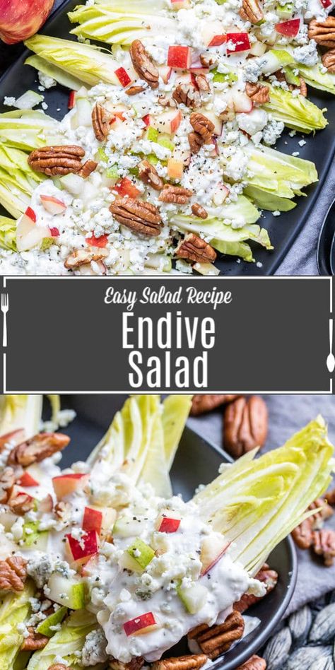 This easy Endive Salad recipe uses Belgian endive to make a delicious, fresh and healthy salad filled with apples, pears, and pecans, and topped with homemade blue cheese dressing. It's a simple but beautiful side dish for the holidays, or just a delicious meal for a busy weeknight. Homemade Blue Cheese Dressing, Homemade Blue Cheese, Endive Recipes, Belgian Endive, Endive Salad, Gluten Free Sides, Blue Cheese Dressing, Side Dish Recipes Easy, Dressing Recipes