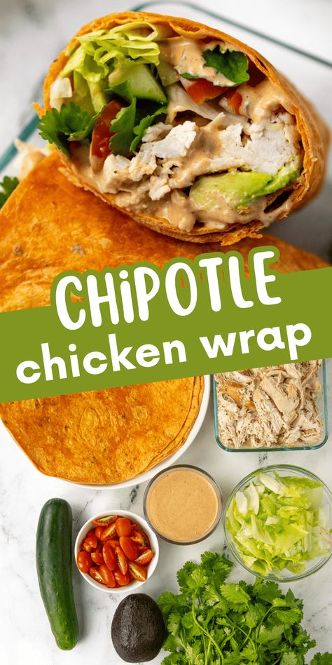 This chipotle chicken wrap is packed with flavor southwest. It has a creamy and spicy chipotle sauce and a lot of fresh veggies. Jump to the recipe, or skim the post for steps on meal prepping and suggested sides! Chicken Wrap Meal Prep, Chicken Hummus Wrap, Southwest Chipotle Chicken, Chipotle Chicken Wrap, Chipotle Chicken Salad, Southwest Sauce, Chicken Wrap Recipe, Wraps Recipes Easy, Creamy Chipotle Sauce