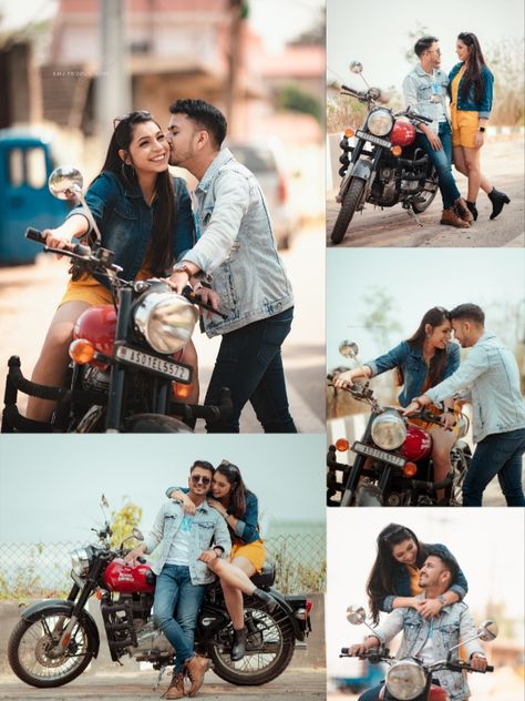 Couple Shoot With Bike, Pre Wedding Bike Poses, Prewedding Couple Poses, Couple Bike Photoshoot, Outdoor Stills, Bike Couples Photography, Jeans Poses, Wedding Bike, Bike Pose