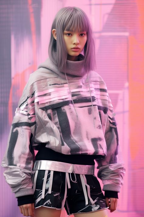 in the style of layered mesh, trashcore, street-savvy, sportswear, techwear, energetic and bold, bold patterns and typography, multiple layers, grey and light pink and light violet, flowing fabrics, glitch art, sleek and stylized. Pink Techwear, Sci Fi Aesthetic, Techwear Outfits, Light Violet, Typography Poster Design, Bold Patterns, Glitch Art, Sweatshirt Outfit, Aesthetic Clothing