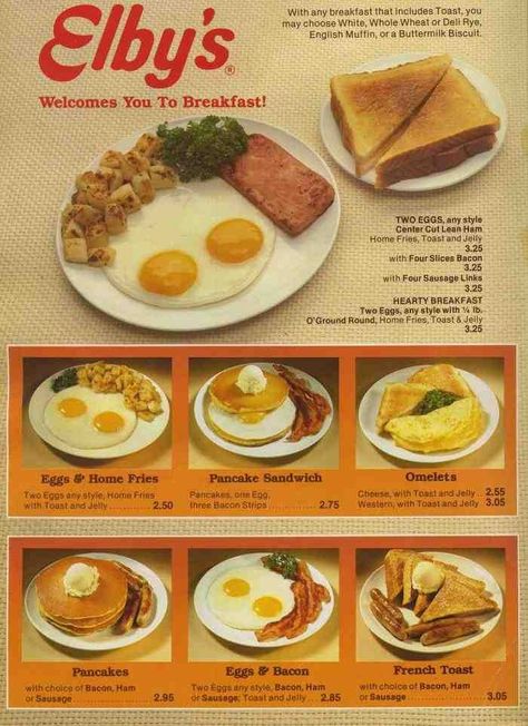 Elby's Menu Chain Restaurants, Diner Menu, Vintage Diner, Diner Recipes, Vintage Menu, Tv Dinner, Fudge Cake, Strawberry Pie, Healthy Food Motivation