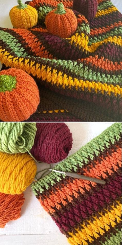 Beautiful Fall Crochet Afghan Ideas - Pattern Center Pumpkin Crochet Blanket Pattern Free, Interesting Crochet Blanket, Fall Crocheting Ideas, Mood Blanket Crochet Ideas, Fireside Blanket Crochet, Halloween Afghan Crochet, Fall Crochet Blanket Color Combos, Neon Crochet Blanket, One Hour Crochet Projects Free Pattern