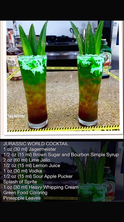 Jurassic World Cocktail! Dinosaur Themed Cocktails, Jurassic Park Cocktails, Dinosaur Cocktails, Dinosaur Themed Drinks, Disney Themed Drinks, Sour Apple Pucker, Jurassic Park Party, Jurassic Park Movie, Dinner Club