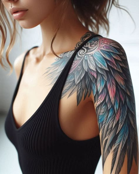 Angel Tattoos: Heavenly Inspiration for Your Next Ink | Pocoko Wing On Shoulder Tattoo, Wings Shoulder Tattoo, Shoulder Wing Tattoo, Phoenix Back Tattoo Women, Angel Shoulder Tattoo, Angel Wings Tattoo Shoulder, Wing Tattoo On Shoulder, Tattoo Ideas Shoulder, Angel Wings Tattoo On Back