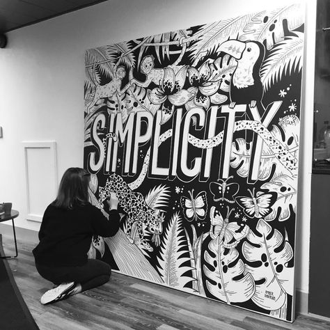 Illustrated Black and White Wall Mural by Amber Anderson Black And White Mural Street Art, Black And White Mural Art, Black And White Graffiti Art, Graffiti Black And White, Black And White Mural, Amber Anderson, Mural Street Art, Doodle Wall, Black And White Graffiti