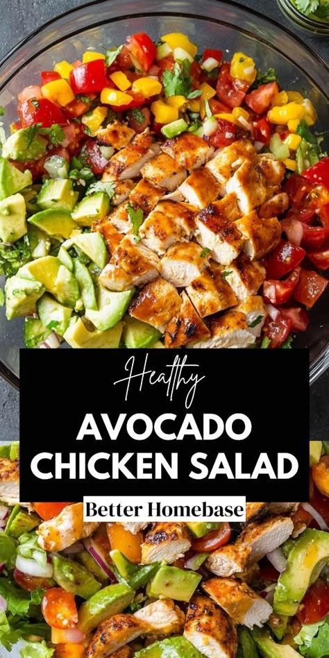 This Healthy Avocado Chicken Salad is a delicious and nutritious meal that combines creamy avocado with tender chicken and crunchy vegetables.

It's quick to prepare, packed with protein and healthy fats, and easily customizable. Perfect for a light lunch or dinner, this versatile dish can be served in various ways and is ideal for meal prep. Salad Meals Healthy, Healthy Quick Salads, Healthy Hearty Salad Recipes, Quick Lunch Salads, Healthy On The Go Lunch Ideas, Easy Lunches To Take To Work High Protein, Good Healthy Salads, Salads High In Protein, Fat Burning Lunch Ideas