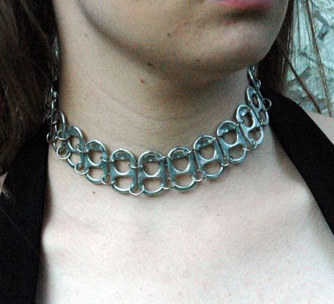 This amazing Chain mail necklace is made out of pop tabs. It is a one of a kind item unique grunge goth themed piece of jewelry. It has been attached to a chain and clasps. It is also adjustable. Most of the photos show it at its shortest length. The 4th photo shows it at its longest length. It Is a single line of soda tabs that make a super cool and unique choker. It is cool, fun, and edgy. Pop Tabs can look how you never thought they could. Show someone you love that you care by buying them th Can Tap Necklace, Can Tabs Necklace, Heart Pop Tab Necklace, Can Tab Jewelry Diy, Pop Tab Accessories, Pop Can Tab Jewelry, Soda Tap Jewelry, Grunge Christmas Gifts, Soda Can Tab Necklace