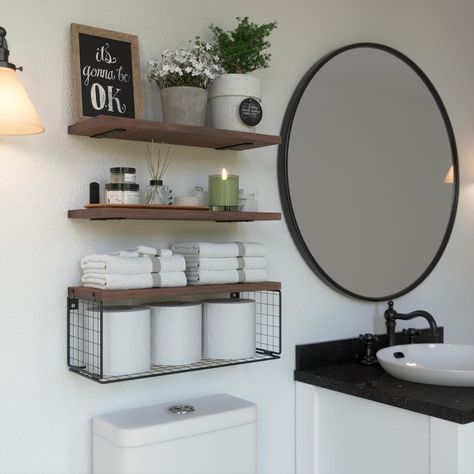 Simplistic Bathroom Decor, Bathroom Organizing Aesthetic, Simple Modern Bathroom Decor, Brown Restroom Decor Ideas, Black Boho Bathroom Decor, Bathroom Shelves Over Toilet Decor Ideas, Bathroom Wall Organization, Floating Shelves Bathroom Above Toilet, Small Bathroom Aesthetic