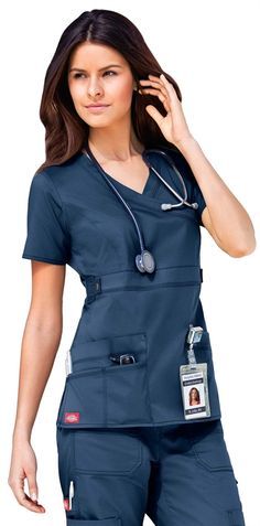 Scrubs - Dickies Youtility Mock Wrap Scrub Top Scrub Suit Design, Nurse Fashion Scrubs, Nursing Scrubs Pattern, Vet Scrubs, Medical Scrubs Fashion, Scrubs Pattern, Medical Scrubs Outfit, Stylish Scrubs, Doctor Scrubs