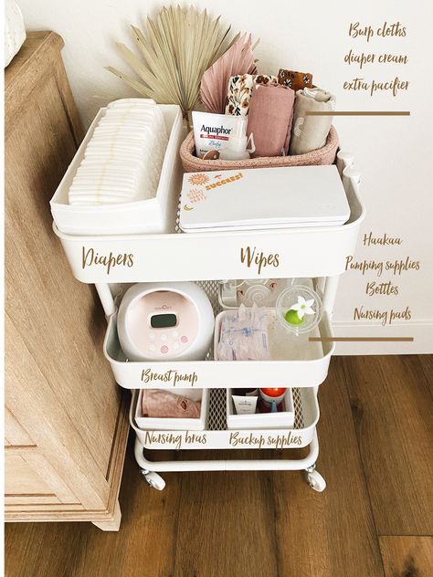 Nappy Cart Ideas, Changing Station In Parents Room, Indy Kate Nursery, Nursery And Parents Room Together, Nursing Area In Nursery, Nursery Diaper Organization, Nursery Utility Cart Organization, Organizing Nursery Ideas, Nursing Essentials Cart