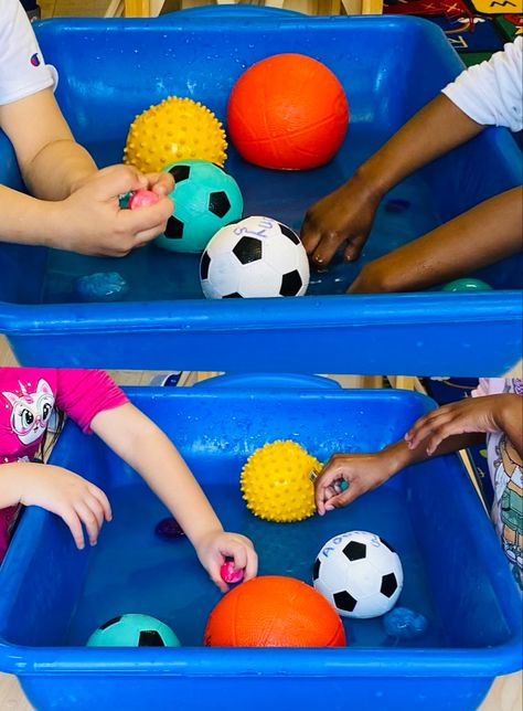 Sport Week Preschool, Ball Study Sensory Table, Ball Curriculum For Preschool, Balls Lesson Plan Preschool, Sensory Sports Activities, Ball Study Creative Curriculum Bulletin Board, Ball Study Art Preschool, Sports Themed Crafts For Toddlers, Baseball Sensory Bin