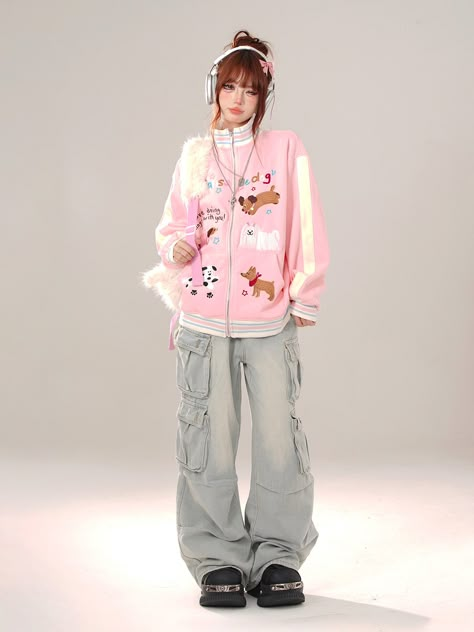 This jacket features a convenient zip-up design, making it easy to put on and take off. Adorned with adorable puppy and letter embroidery, it exudes a sweet, youthful charm. The cuffs and hemline are crafted with an elastic design, incorporating multiple colors for a stylish and unique look.  Please note that the price is for the jacket only.   	 		 			Size 			S 			M 			L 		 		 			Length 			72 			74 			76 		 		 			Bust 			120 			124 			128 		 		 			Shoulders 			55 			56 			57 		 		 			Sleeve Len Pink Jacket Outfit, Puppy Embroidery, Cute Pink Outfits, Kei Fashion, Future Clothes, Adorable Puppy, Future Outfit, Letter Embroidery, Cute Jackets