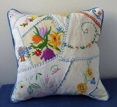 Repurposed Linens, Vintage Handkerchiefs Crafts, Textile History, Handkerchief Crafts, Doily Art, Patchwork Cushion, Crazy Patchwork, Bantal Sofa, Embroidery Transfers