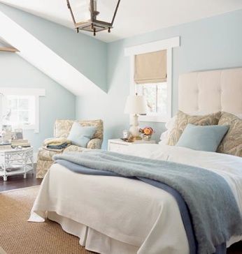 Calming relaxing peaceful master bedroom color palette Tan Bedroom, Calming Bedroom, Decor Ikea, Relaxing Bedroom, Coastal Bedrooms, Bedroom Color Schemes, Blue Bedroom, Blue Decor, Blue Walls