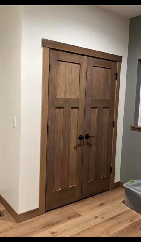 Wood Frame Entrance, House With Wood Trim Interiors, Painted Door With Stained Wood Trim, Wood Trim And Doors Interior, Wood Trim White Doors, Farmhouse Interior Doors Wood, Dark Wood Baseboards And Trim, Stained Wood Doors Interior, Stained Wood Interior Doors