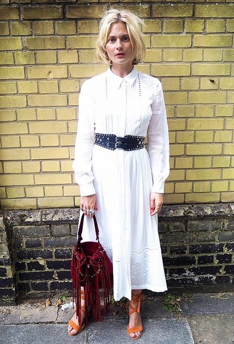 Western Belts Outfit, Long Sleeve White Maxi Dress, Spring Dresses Classy, Blond Hairstyles, Pandora Sykes, Belt Outfit, Karen Millen Dress, Wedding Wardrobe, Pants Accessories