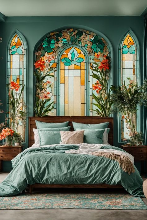 Dive into a realm where dreamy blues and serene greens meld in perfect harmony. This bedroom, adorned with majestic Stained Glass wall decor, encapsulates the magic of twilight and the tranquility of dawn. As the sun's rays pierce through the intricate designs, the space is bathed in a cascade of colors, reminiscent of serene lagoons and enchanted forests. Plush bedding, rustic woodwork, and soft drapery complement the luminous artistry, crafting a sanctuary of relaxation and beauty. Green And Blue Decor Bedroom, Art Deco Blue Bedroom, Rustic Colorful Living Room, Stained Glass In Bedroom, Bedroom With Stained Glass Window, Stained Glass Sunroom, Bedroom Ideas Wall Colors, Color Glass Wall, Stained Glass Over Bed