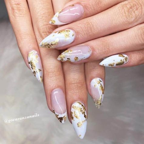 20 Trendy Foil Nail Designs That Bring Out Your Creative Side - 154 Gold Foil Nail Designs, Gold Foil Nail, Foil Nail Designs, Nail Armor, White Nails With Gold, Nail Room Ideas, Infinity Nails, Foil Nail Art, Gold Foil Design