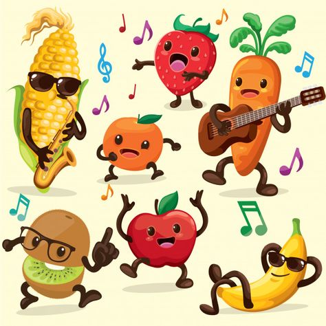 Fruits and veggies singing and dancing P... | Premium Vector #Freepik #vector #music Music Character, Fruits Background, Singing Drawing, Fruit Doodle, Vegetable Cartoon, Cartoons Dancing, Doodle Characters, Fruit Orange, Fruit Cartoon