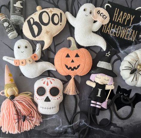 Felt childrens garlands & decorations by Isla & Ollie on Instagram: "The whole collection 👻 Im not going to be posting much at the moment, but I’m still here working hard on your orders (there’s a lot of personalised ghosts! 😬) 🤍 #halloween #halloweendecor #halloweendecorations #halloweendecoration #halloweendecorating #feltpumpkin #feltwitch #feltghost #feltsugarskull #etsyuk #etsy #etsyseller #etsyshop #noths" Halloween Felt Ornaments, Felt Ghost Garland, Felt Halloween Garland, Halloween Felt Garland, Felt Halloween Decorations, Felt Halloween Ornaments, Felt Ghost, Halloween Felt Crafts, Felt Toys Diy