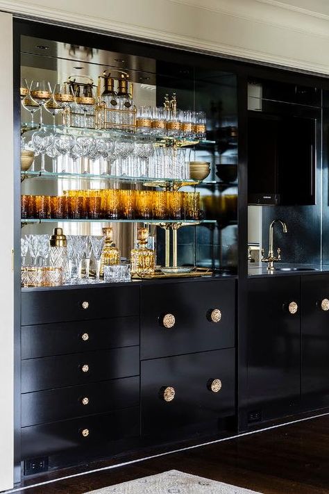 Glass Bar Shelves, Antique Mirror Backsplash, Mirrored Backsplash, Wet Bar Cabinets, Wet Bar Sink, Plumbing Pipe Shelves, Wet Bar Designs, Home Bar Rooms, Bar Shelves