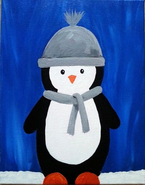 Penguin Painting Ideas On Canvas Penguin, Penguin Christmas Painting, Christmas Penguin Painting, Penguin Canvas Painting, Penguin Painting Acrylic, Kitchen Painting Ideas Canvas, Winter Canvas Painting Ideas, Kitchen Painting Ideas, Winter Canvas Painting