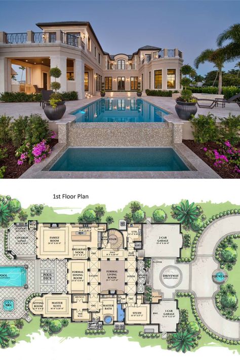 The luxurious outdoor area offers a custom swimming pool surrounded by the beautiful landscaping of the property. This 2 story Tuscan house plan includes 5 bedrooms and 5.1 bathrooms. See more of the interior design of this deluxe Tuscan style mansion home. View the full floor plan and get the blueprint at: https://www.thehousedesigners.com/plan/grand-royale-7275/  #blueprint #floorplan #2story Spanish House Plans, Mansion Plans, Spanish Home, Tuscan Style Homes, Luxury Houses Mansions, House Plans Mansion, Mansion Floor Plan, Casas The Sims 4, Villa Plan