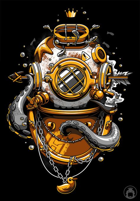 T-shirt design that was done for INTO THE AM. Enjoy! Deep Sea Diver Art, Diver Art, Paper Iphone, Diving Helmet, Astronaut Art, Desenho Tattoo, Motivational Art, Dope Art, Illustration Character Design