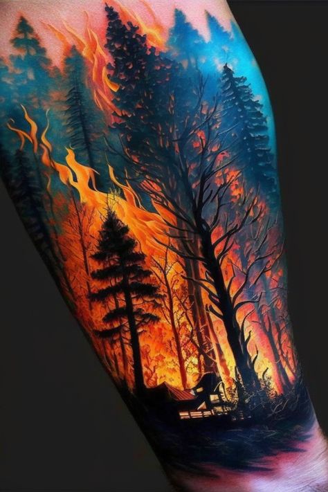 This burning forest tattoo is a reminder that we need to take care of nature. Our planet is in crisis, and we must act now to protect it. Let this powerful tattoo inspire you to take action for the environment, and make a difference in the world. It's time to wake up and take responsibility for the planet we call home. #tattoo #arm #forest #nature #color #trees Wildfire Tattoo Ideas, Burning Tree Tattoo, Tree On Fire Tattoo, Dark Forest Tattoo Design, Forest Fire Tattoo, Forest Tattoo Arm, Wildfire Tattoo, Campfire Tattoo, Dark Forest Tattoo