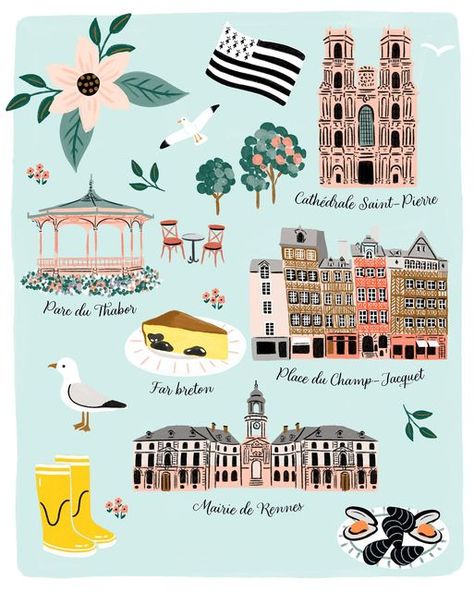 City-Guide 100% Local & Responsable on Instagram: "Les magnifiques illustrations de @ameliebroddes pour notre city-guide de Rennes. Elle est douée n’est-ce pas ? 🤩 #illustration #rennes #rennesillustration #rennesmaville #rennescity #rennestourisme #rennescityguide #igersrennes #visitrennes #destinationrennes #illustrationrennes" Grpahic Design, City Guide Design, City Collage, City Games, Zodiac Art, City Aesthetic, City Guide, Illustration Design, Map