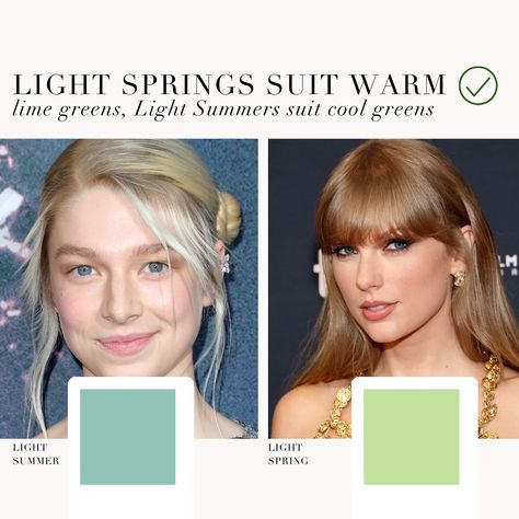 Color analysis for Light Summers show the cool greens best as shown in the swatch on the left. The Light Spring palette suits warm lime greens, shown in the swatch on the right. Clear Spring Blonde Hair, Bright Cool Light Color Palette, Light Spring Vs Soft Autumn, Spring Colour Analysis, Summer Undertone, Soft Spring Color Palette, Sunlit Spring, Summer Pallet, Season Analysis