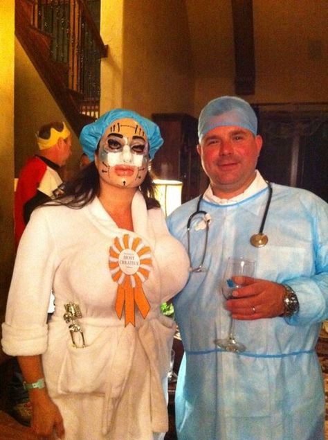 Our plastic surgery costume! I was the patient and my husband was my surgeon! We won! Oh how are we gonna top it this costume this year?????? Botched Surgery Costume, Plastic Surgeon And Patient Costume, Patient Halloween Costume, Halloween Patient Costume, Patient Costume, Surgeon Costume, Mental Patient Costume, Botched Plastic Surgeries Costume, Plastic Surgery Costume