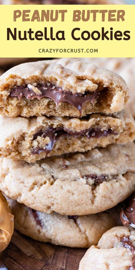 Peanut Butter Nutella Cookies Recipe - Crazy for Crust Peanut Butter Nutella Cookies, Nutella Stuffed Cookies, Nutella Cookies Recipe, Butter Cookie Recipe, Peanut Butter Nutella, Best Peanut Butter Cookies, Stuffed Cookies, Best Holiday Cookies, Easy Sweets