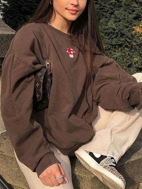 Mushroom Embroidery Pullover Sweatshirt - HouseofHalley Brown Widget, Mushroom Embroidery, Sweatshirt Women Casual, Crewneck Sweatshirt Women, Korean Streetwear, Streetwear Y2k, Women's Robe, Indie Outfits, Swaggy Outfits