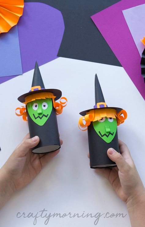 Toilet Paper Roll Witch Craft - Crafty Morning #halloween #toiletpaperrollcrafts #halloweencrafts #witchcrafts #crafty #craftsforkids Halloween Toilet Paper, Wood Sunflower, Pumpkin Monster, Moldes Halloween, Halloween Decorations To Make, Sunflower Door, Crafty Morning, Roll Craft, Witch Crafts