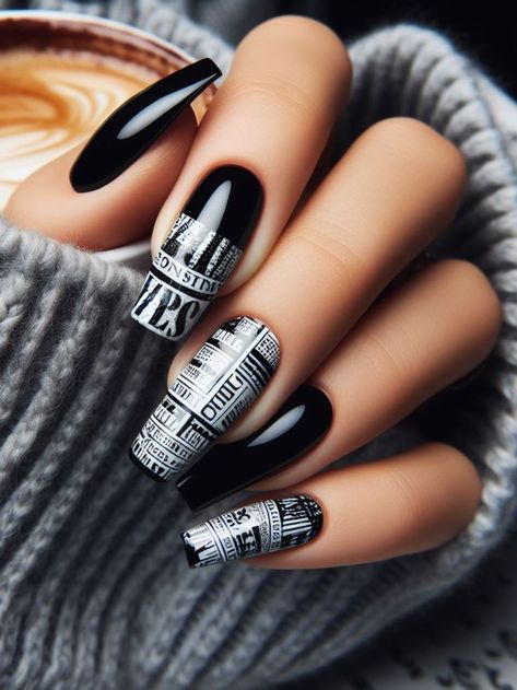 A striking black and white nail design with bold graphic elements, resembling newspaper print for a trendy urban vibe News Paper Nails, Black And White Nail Design, Newspaper Nail Art, White Nail Design, Newspaper Nails, Black And White Nail, Black And White Nail Designs, Girl Therapy, Skull Nails