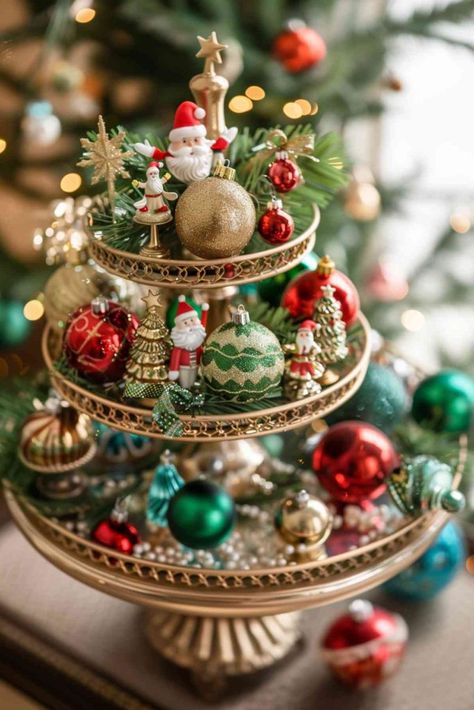 Side Table Christmas Decor Ideas, 2 Tier Stand Decor Christmas, 3 Tier Stand Decor Christmas, Vintage Christmas Tiered Tray, Christmas Cottagecore, Tiered Tray Decor Ideas, Pottery Barn 3 Tiered Stand Christmas, Christmas Bar Cart, Tray Decor Ideas