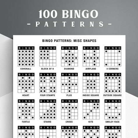 100 Bingo Patterns. Bingo Winning Patterns. Bingo Alphabet, Numbers, Signs, Shapes | PDF Download Bingo Patterns, Bingo Casino, Summer Bingo, Bingo Online, Free Bingo Cards, Bingo Night, Bingo Template, Classroom Activity, Bingo Printable