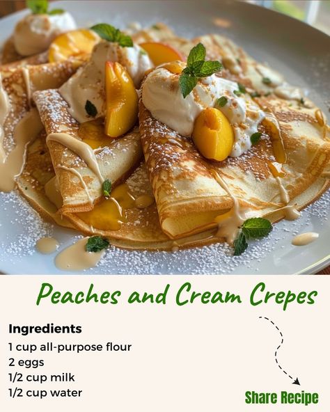 🍑 Indulge in a delightful breakfast or dessert with our Peaches and Cream Crepes Recipe! Tender crepes filled with sweetened cream cheese and fresh peaches, drizzled with honey. 🥞🍑😋 Ingredients: • 1 cup all-purpose flour • 2 eggs • 1/2 cup milk • 1/2 cup water • 2 tablespoons unsalted butter, melted • 1/4 teaspoon salt • 8 ounces cream cheese, softened • 1/4 cup powdered sugar • 2 ripe peaches, sliced • Honey, for drizzling Directions: 1. In a blender, combine the flour, eggs, milk, water, ... Cream Crepes, Peaches Cream Cheese, Peach Crepes, Crepe Ingredients, Crepes Filling, Crepes Recipe, Fresh Peaches, Peaches And Cream, Crepe Recipes