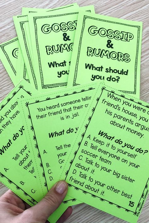 It's natural for students to gossip and spread rumors, making it an important guidance lesson or SEL lesson to deliver to your students. Read about the perfect hook, story, and relatable "what would you do?" activity to use! Behavior Lessons Elementary, Middle School Group Activities, 3rd Grade Sel Activities, Middle School Counselor Lessons, Elementary Guidance Counselor, Middle School Sel Lessons, High School Guidance Lessons, Fun Sel Activities For Middle School, Gossip And Rumors Activity